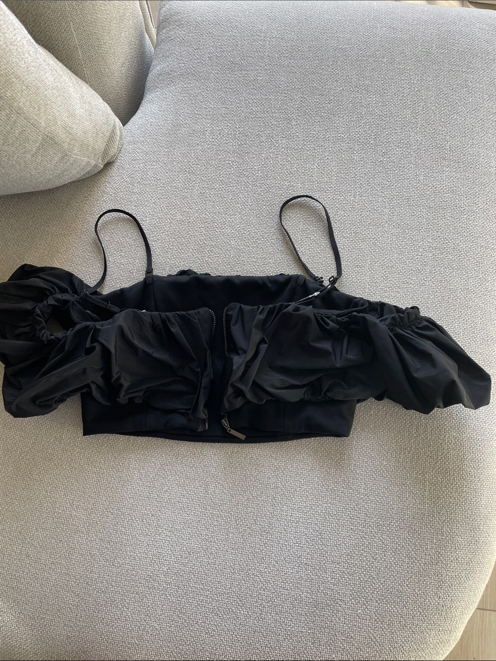 Black Ruffled Off-Shoulder Crop Top - Picture 3 of 5